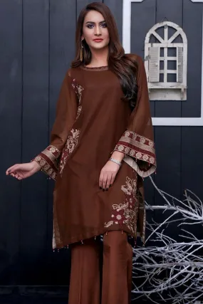 1729-BROWN EMBROIDERED COTTON NET UNSTITCHED