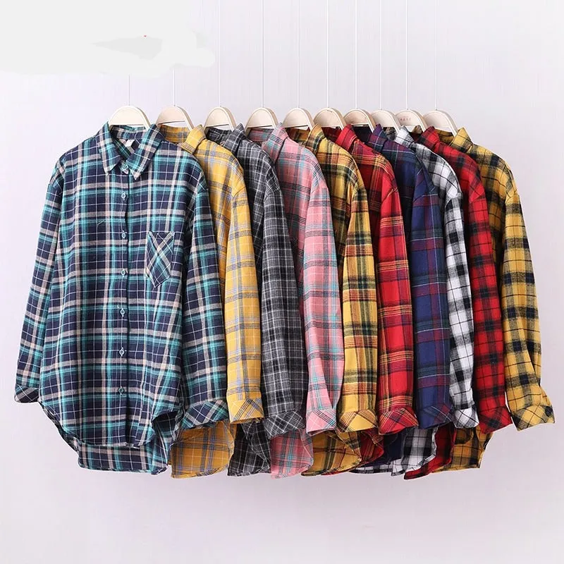 2023 Plaid Shirt Women Loose Plus Size Blouse Female Long Sleeve Blouses Cotton Flannel Casual Shirt Women Tops Blusas