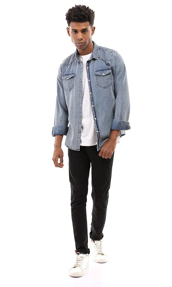 94530 Front Batched Pockets Pique Denim Shirt - Standard Blue