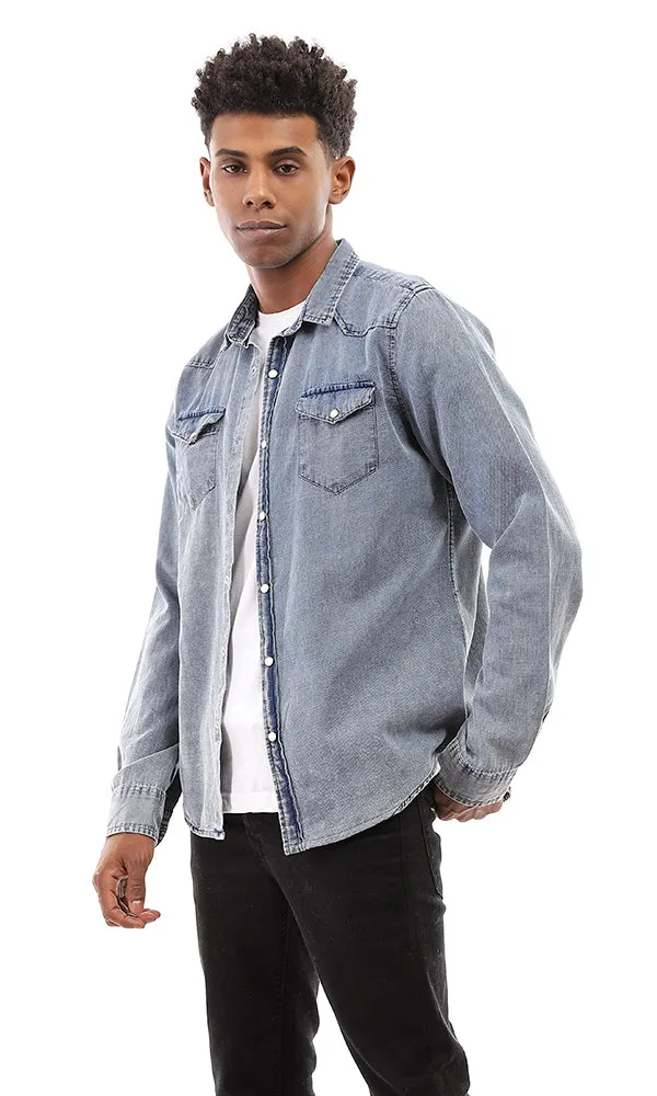 94530 Front Batched Pockets Pique Denim Shirt - Standard Blue
