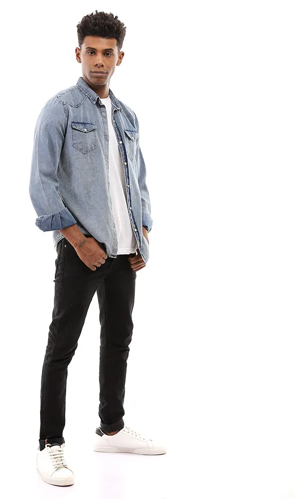 94530 Front Batched Pockets Pique Denim Shirt - Standard Blue