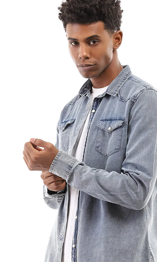 94530 Front Batched Pockets Pique Denim Shirt - Standard Blue