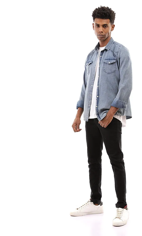 94530 Front Batched Pockets Pique Denim Shirt - Standard Blue