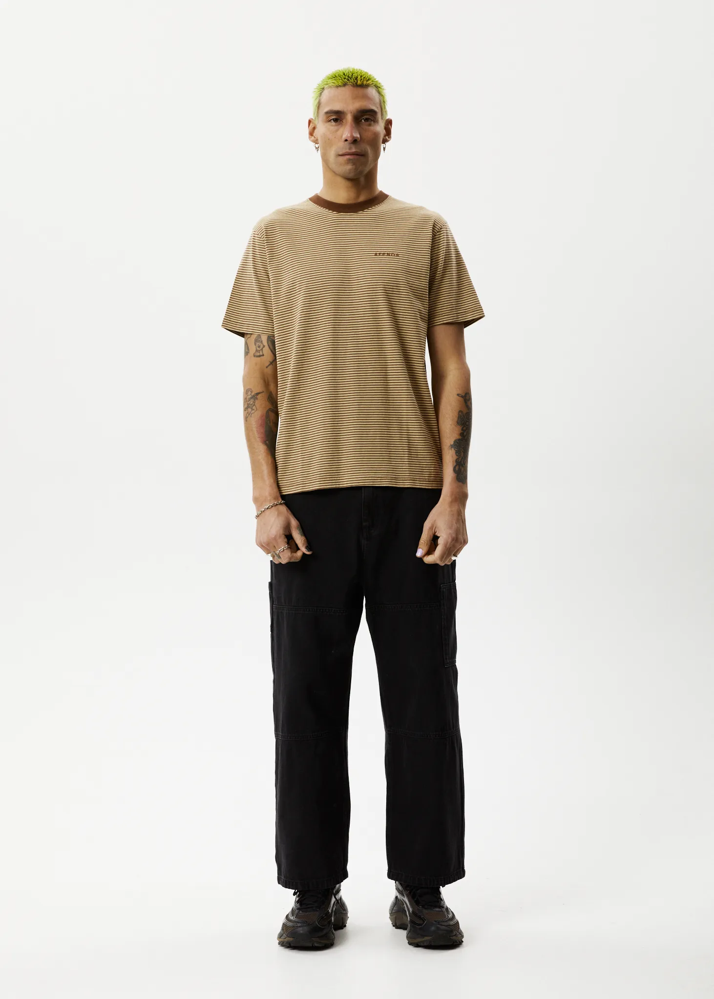 AFENDS Mens Invisible - Retro T-Shirt - Toffee Stripe