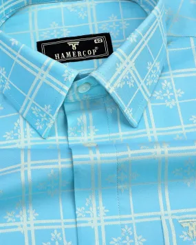 Aqua Blue Jacquard Patterned Premium Cotton Shirt