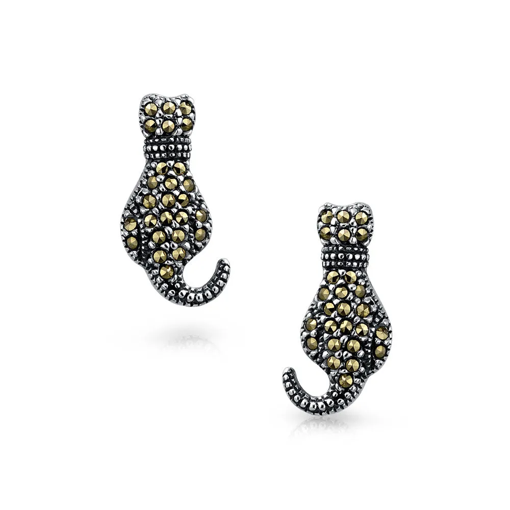 Black Onyx & White MOP Marcasite Two Cats Kitten Brooch Pin Stud Earrings Silver