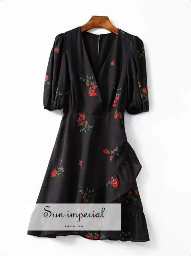 Black Rose Flower Print V-neck Short Puff Sleeve Mini Dress with Ruffles detail