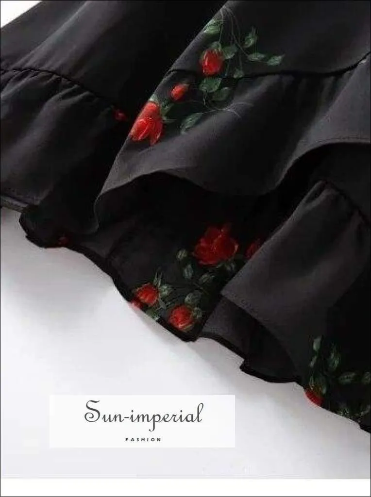 Black Rose Flower Print V-neck Short Puff Sleeve Mini Dress with Ruffles detail