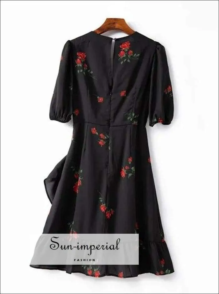 Black Rose Flower Print V-neck Short Puff Sleeve Mini Dress with Ruffles detail