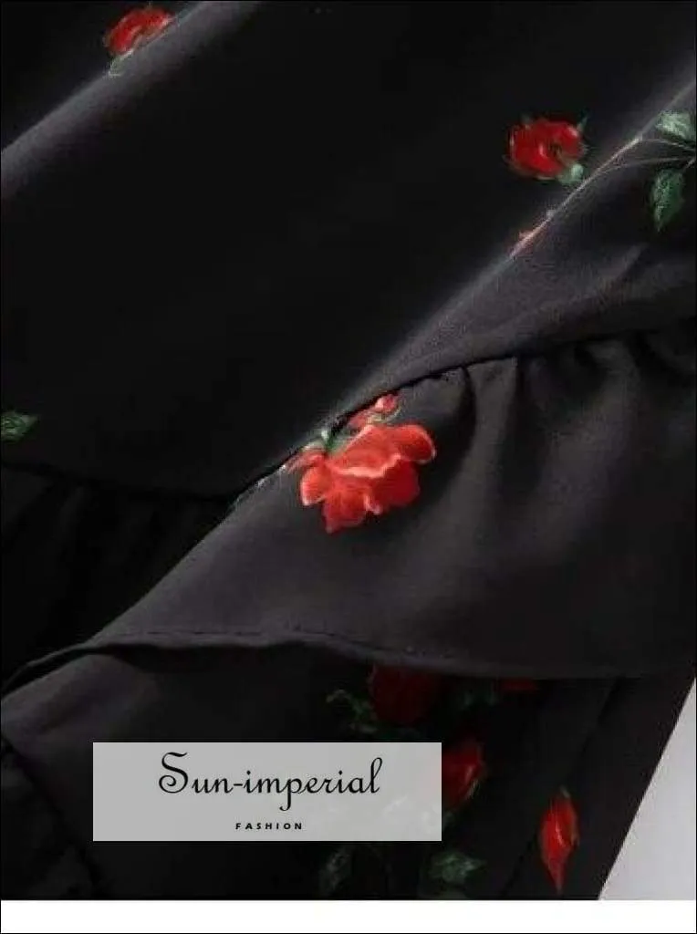 Black Rose Flower Print V-neck Short Puff Sleeve Mini Dress with Ruffles detail