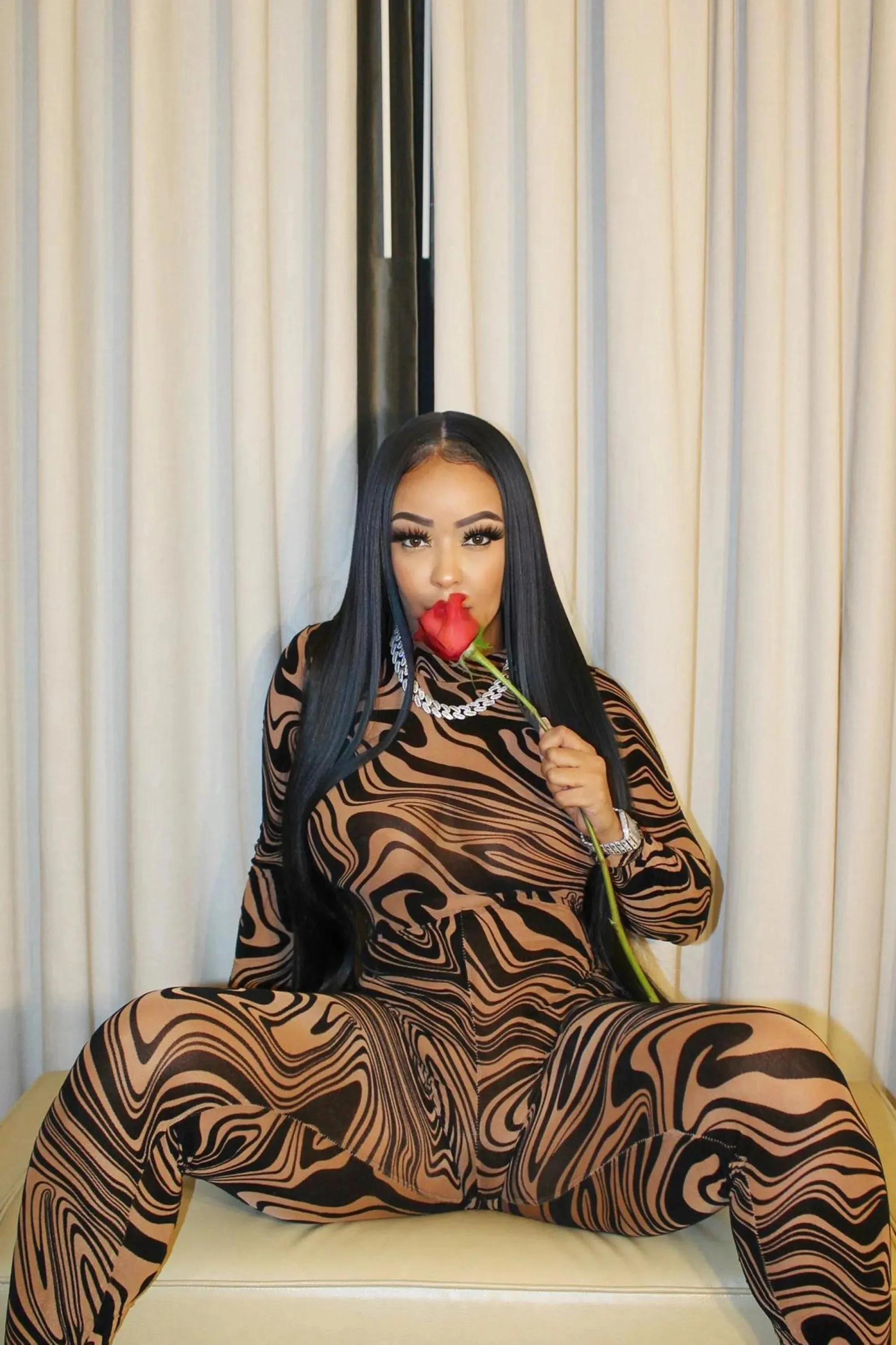 Womens Stylish Brown Zebra Print Long Sleeve Turtleneck Jumpsuit
