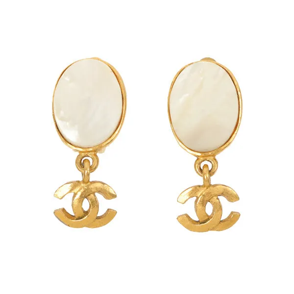 Chanel 1995 Made Oval Shell Cc Mark Earrings