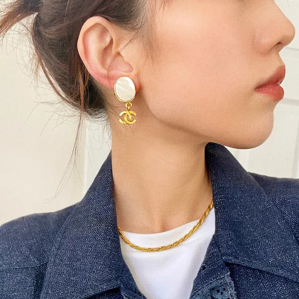 Chanel 1995 Made Oval Shell Cc Mark Earrings