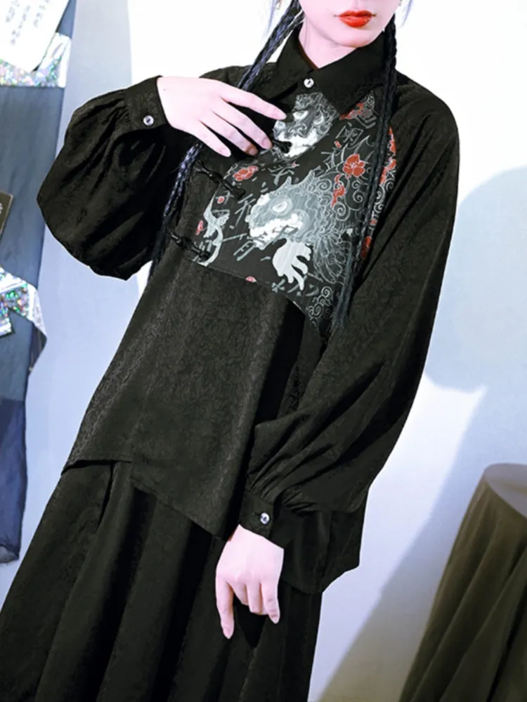 Chinese Vintage Style Frog Button Diagonal Placket Shirt
