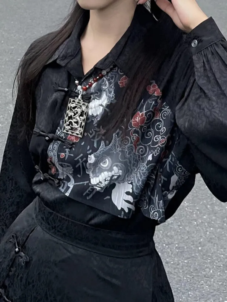 Chinese Vintage Style Frog Button Diagonal Placket Shirt