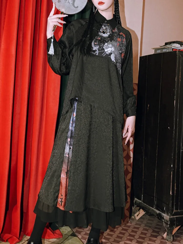 Chinese Vintage Style Frog Button Diagonal Placket Shirt