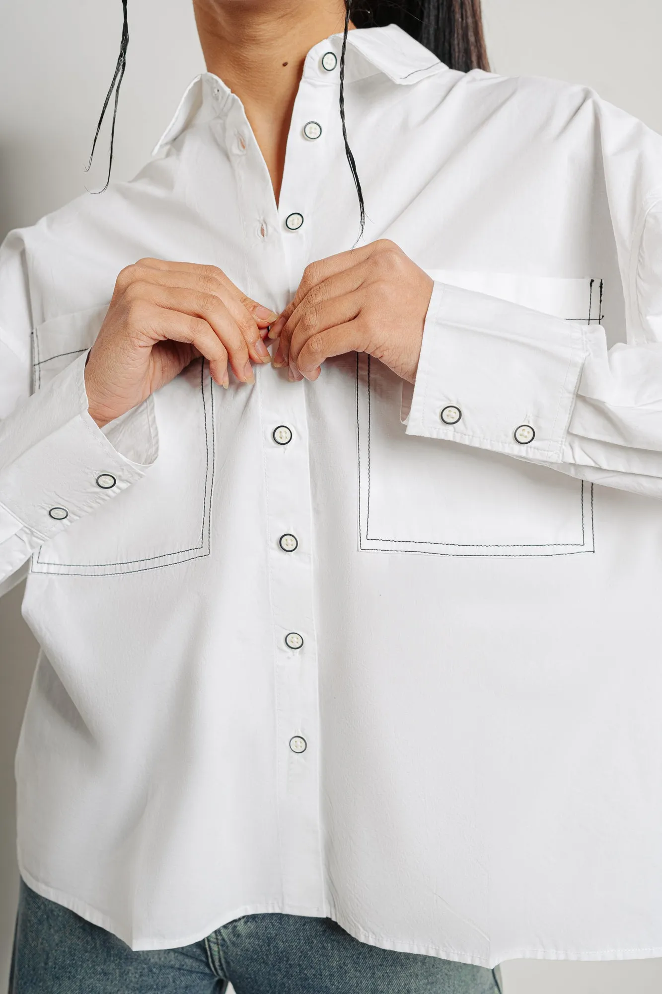 Contrast Stitch White Oversized Shirt
