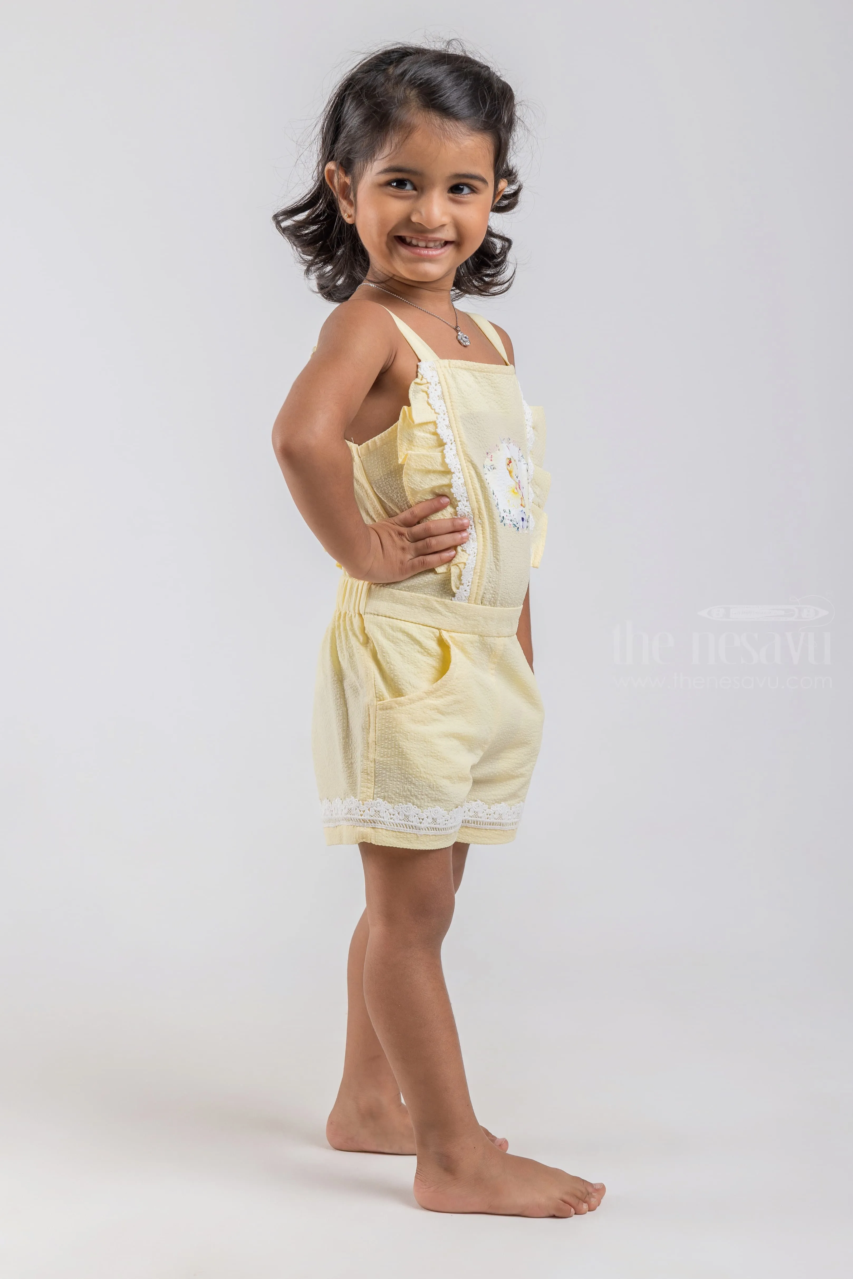 Cute Teddy Bear Printed Sleeveless Yellow Top and Blue Trouser Set for Baby Girls