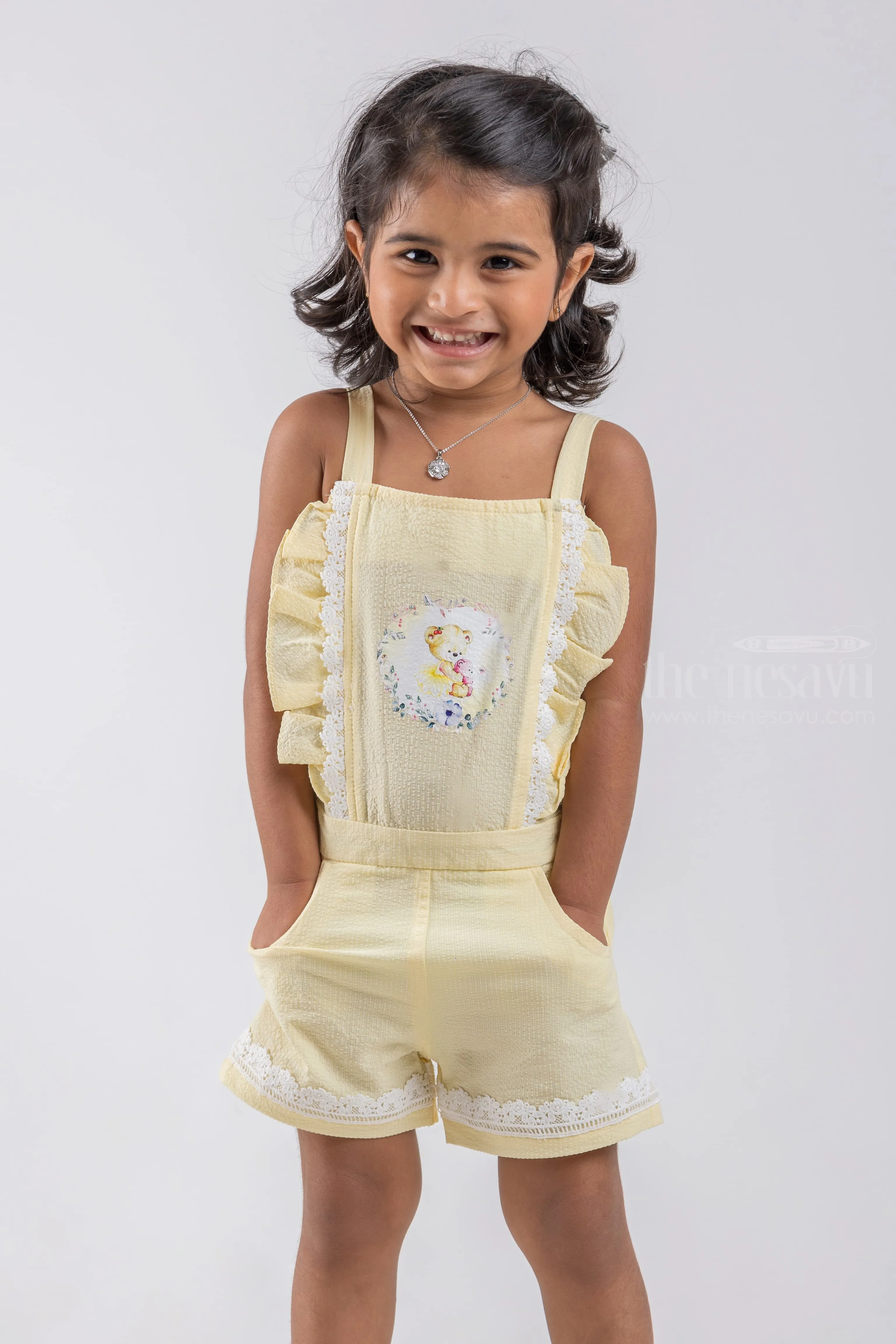 Cute Teddy Bear Printed Sleeveless Yellow Top and Blue Trouser Set for Baby Girls