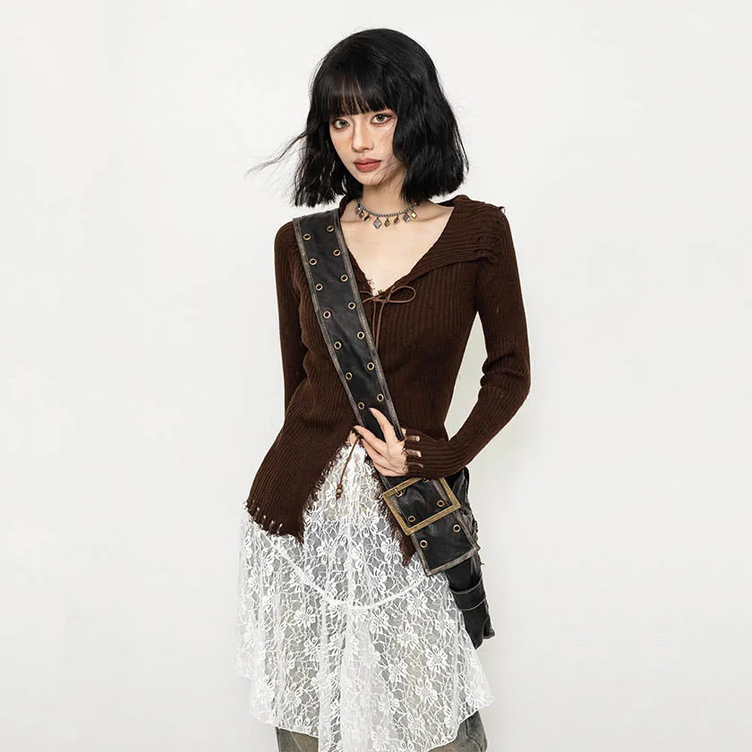 French vintage-style long-sleeved short top spring and autumn knitwear
