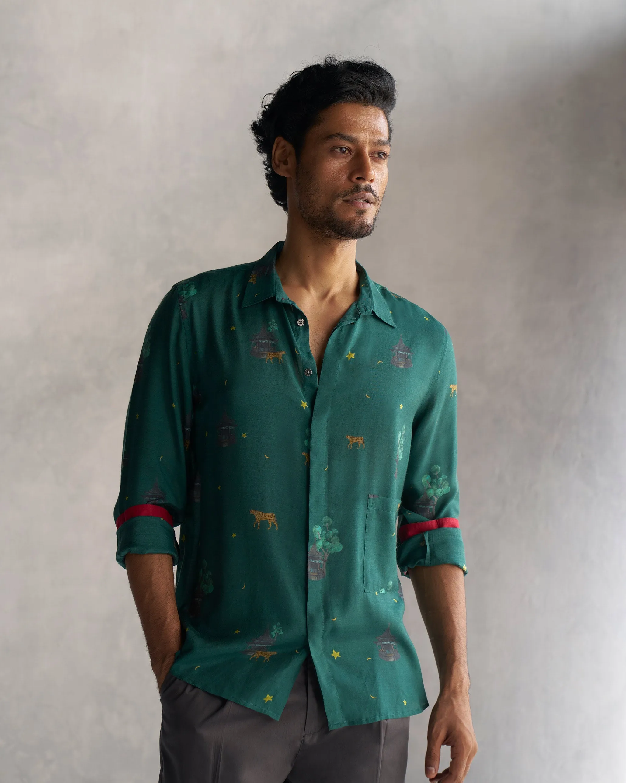 Green colour forest Cotton Shirt