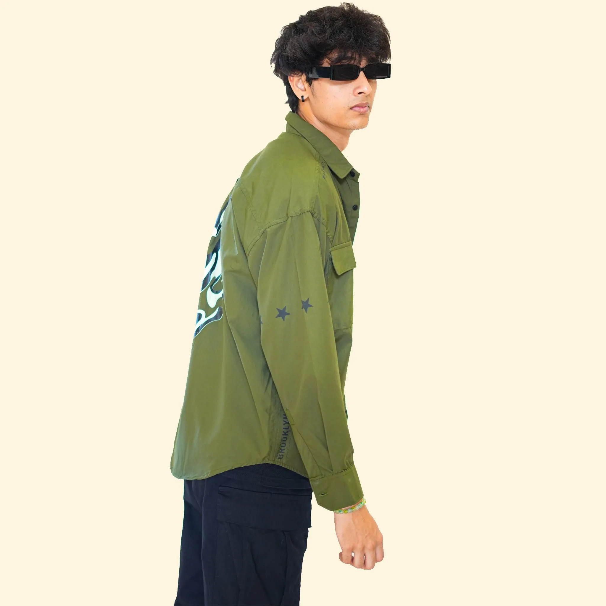 LOOPSTER Men's Olive Green Men Baggy Fit Shirt With Double Pockets