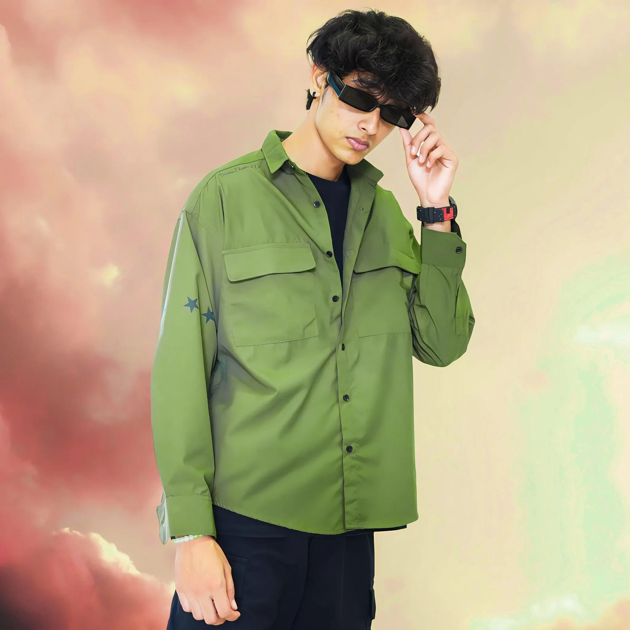 LOOPSTER Men's Olive Green Men Baggy Fit Shirt With Double Pockets