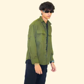 LOOPSTER Men's Olive Green Men Baggy Fit Shirt With Double Pockets