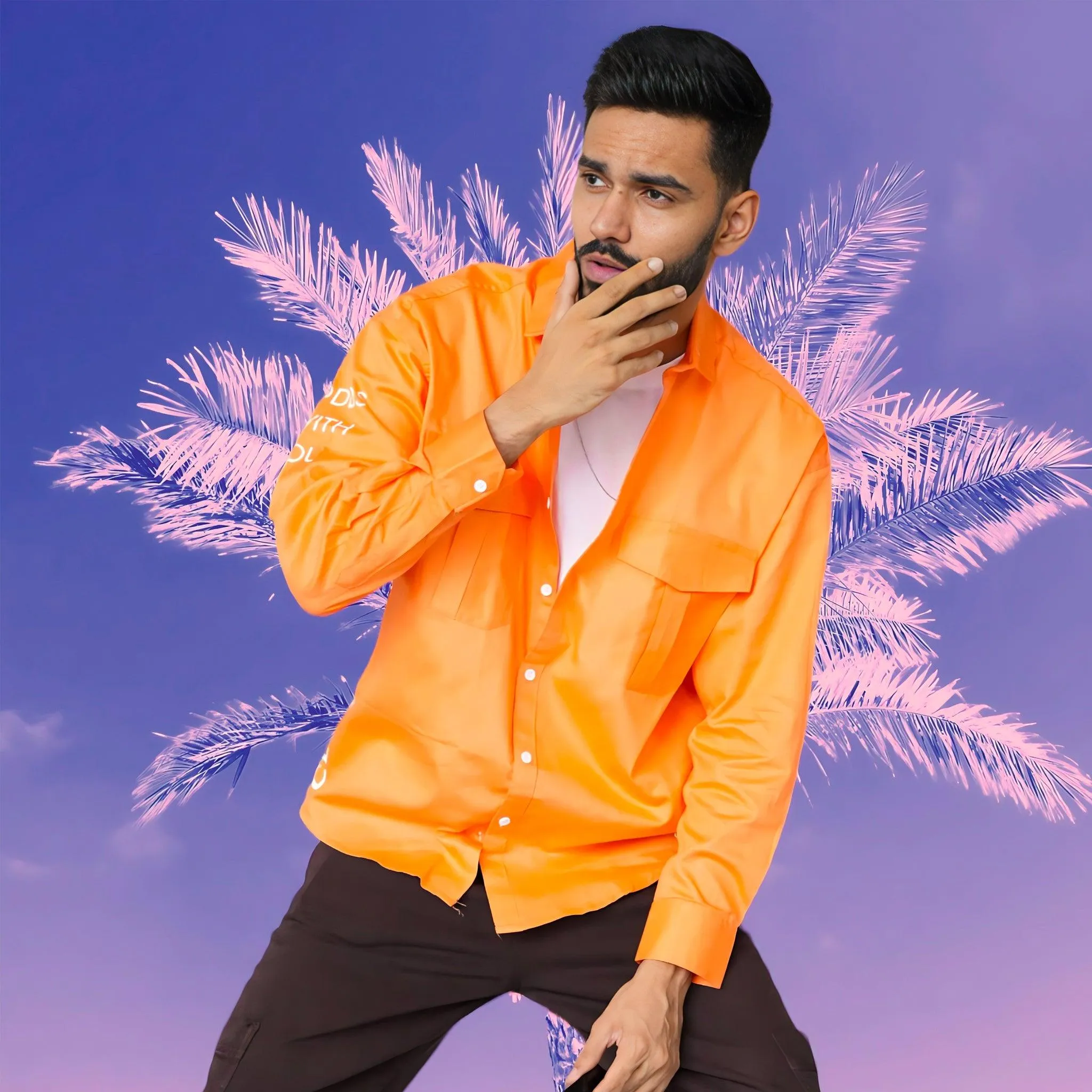 LOOPSTER Men's Orange Shirt Baggy Fit With Double Pockets