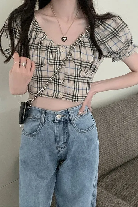 Soft Girl Retro Plaid Puff Sleeve Shirt