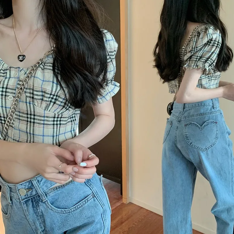 Soft Girl Retro Plaid Puff Sleeve Shirt