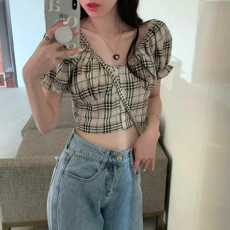 Soft Girl Retro Plaid Puff Sleeve Shirt