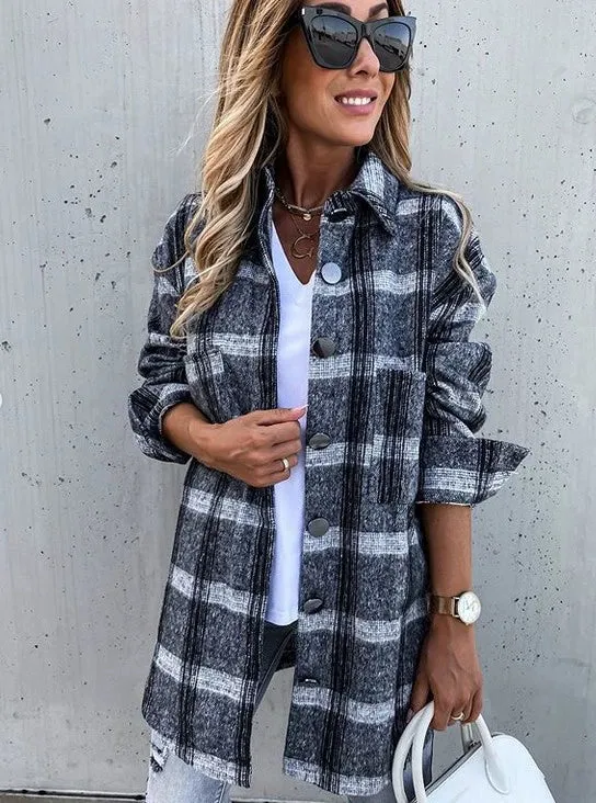 Women Ins Fashion Loose Casual Retro Plaid Long Sleeve Shirt