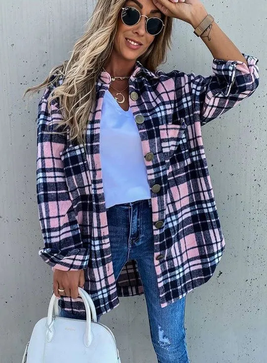 Women Ins Fashion Loose Casual Retro Plaid Long Sleeve Shirt